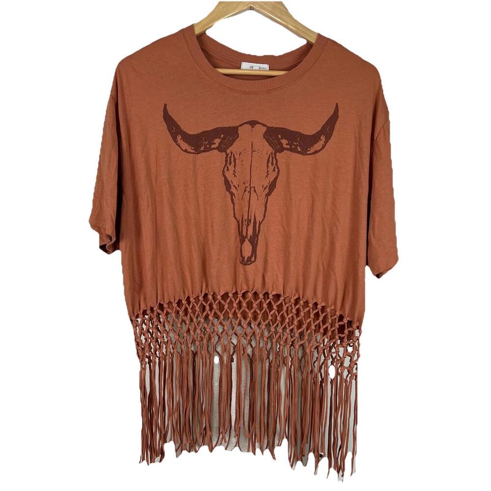 Buckle Modish Rebel Women's Steer Macrame Fringe Cropped T-Shirt Cafe Cream Sz L